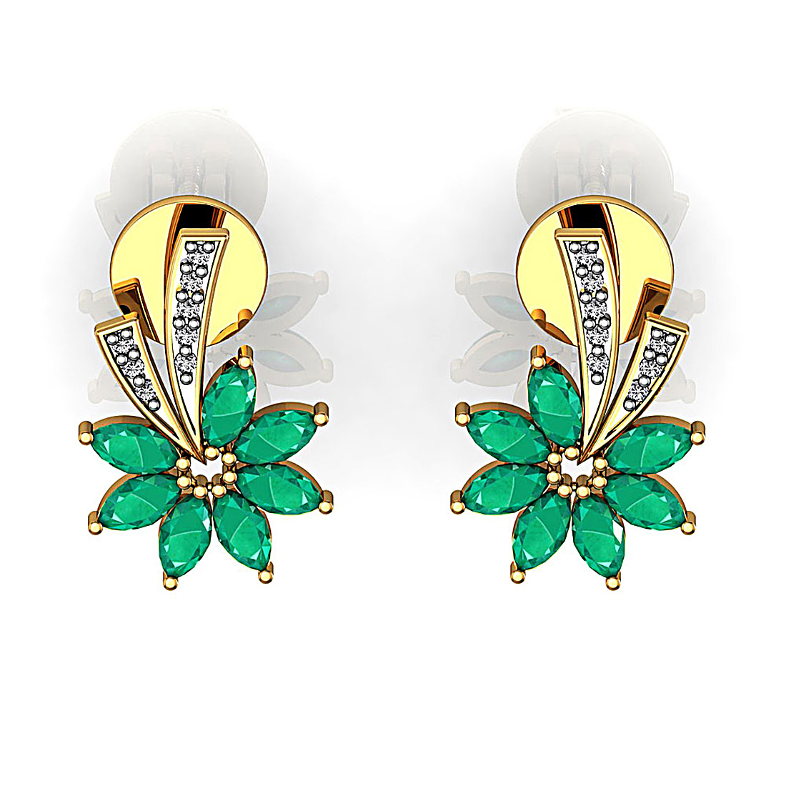 18k solid gold diamond floral stud earrings with emerald