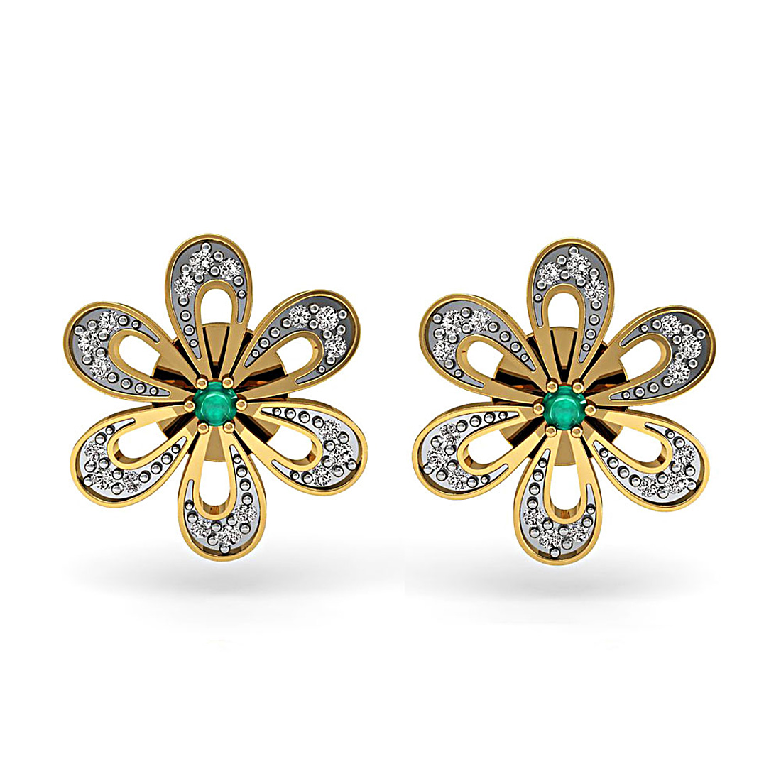 18k solid gold floral stud earrings with diamond & emerald