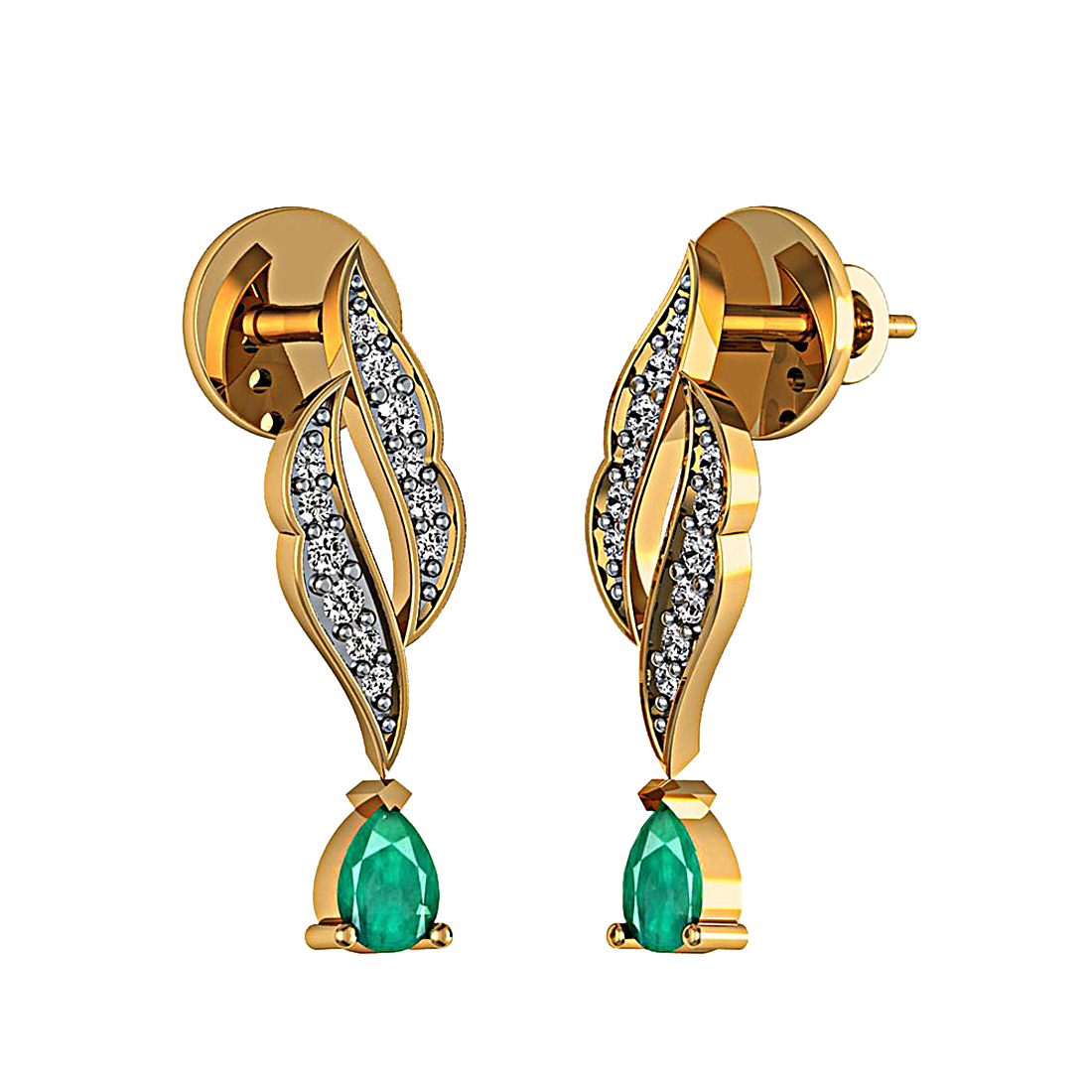 Natural diamond & emerald drop stud earrings made in 18k solid gold