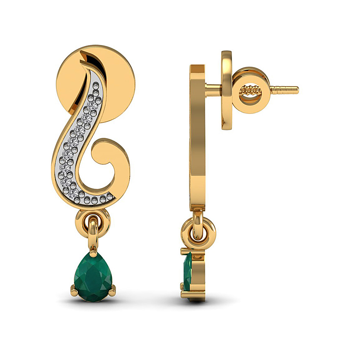 18k solid gold drop stud earrings with real diamond & emerald