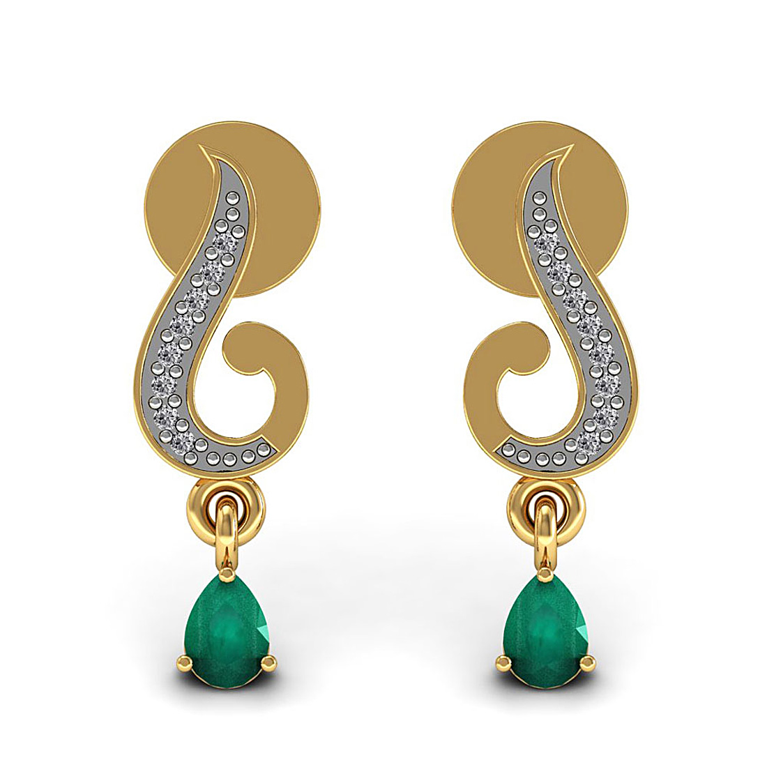 18k solid gold drop stud earrings with real diamond & emerald