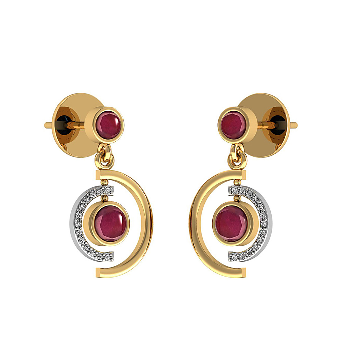 Genuine diamond stud earrings made in 18k solid gold with ruby