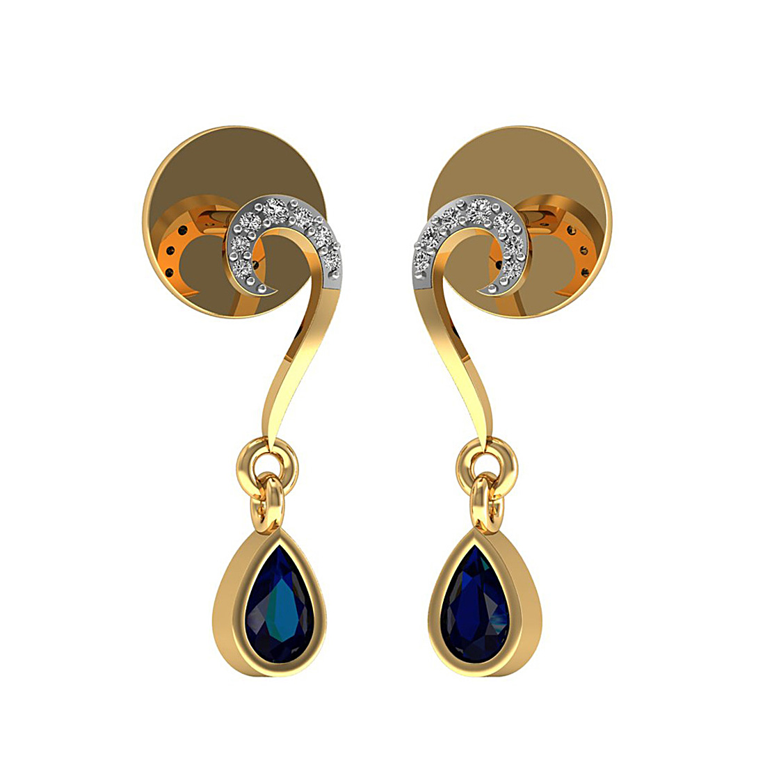 18k solid gold diamond drop stud earrings with blue sapphire