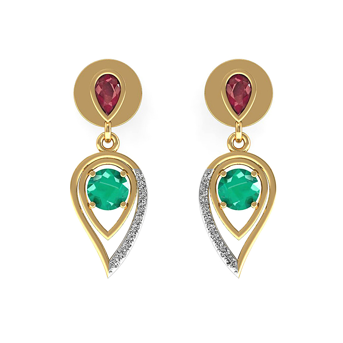 18k solid gold natural diamond stud earrings with ruby & emerald