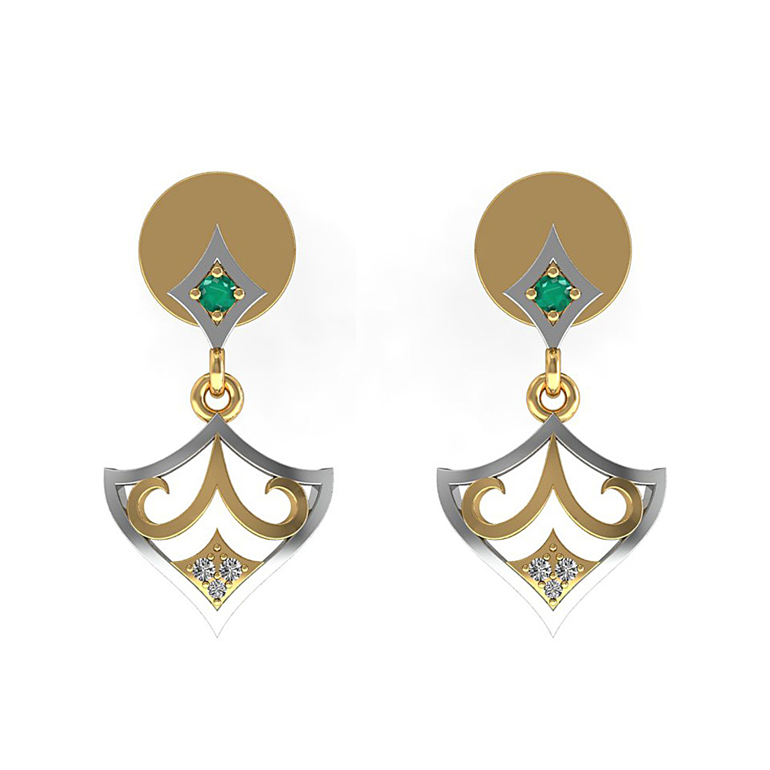 Natural diamond & emerald stud earrings made in 18k solid gold