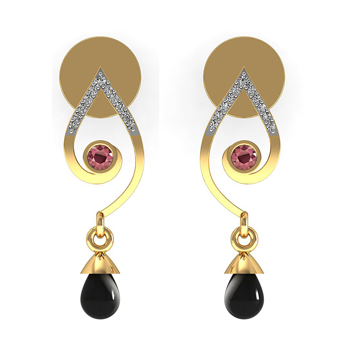 Diamond & onyx drop stud earrings made in 18k gold with ruby