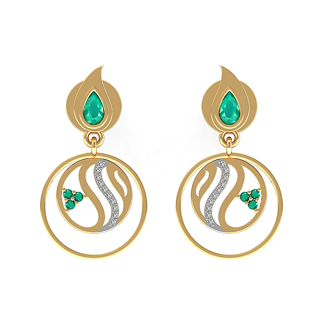 18k solid gold natural diamond dangle earrings with emerald