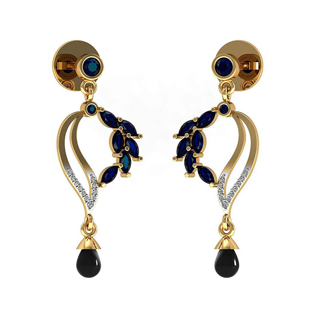 Diamond & onyx dangle drop earrings made in 18k gold with sapphire