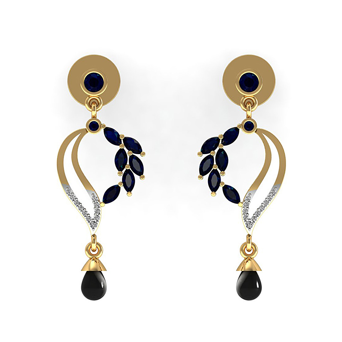 Diamond & onyx dangle drop earrings made in 18k gold with sapphire
