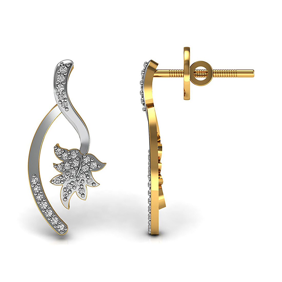 Beautiful pair of leaf style stud earrings studded with natural diamond and made in 18k solid yellow gold.