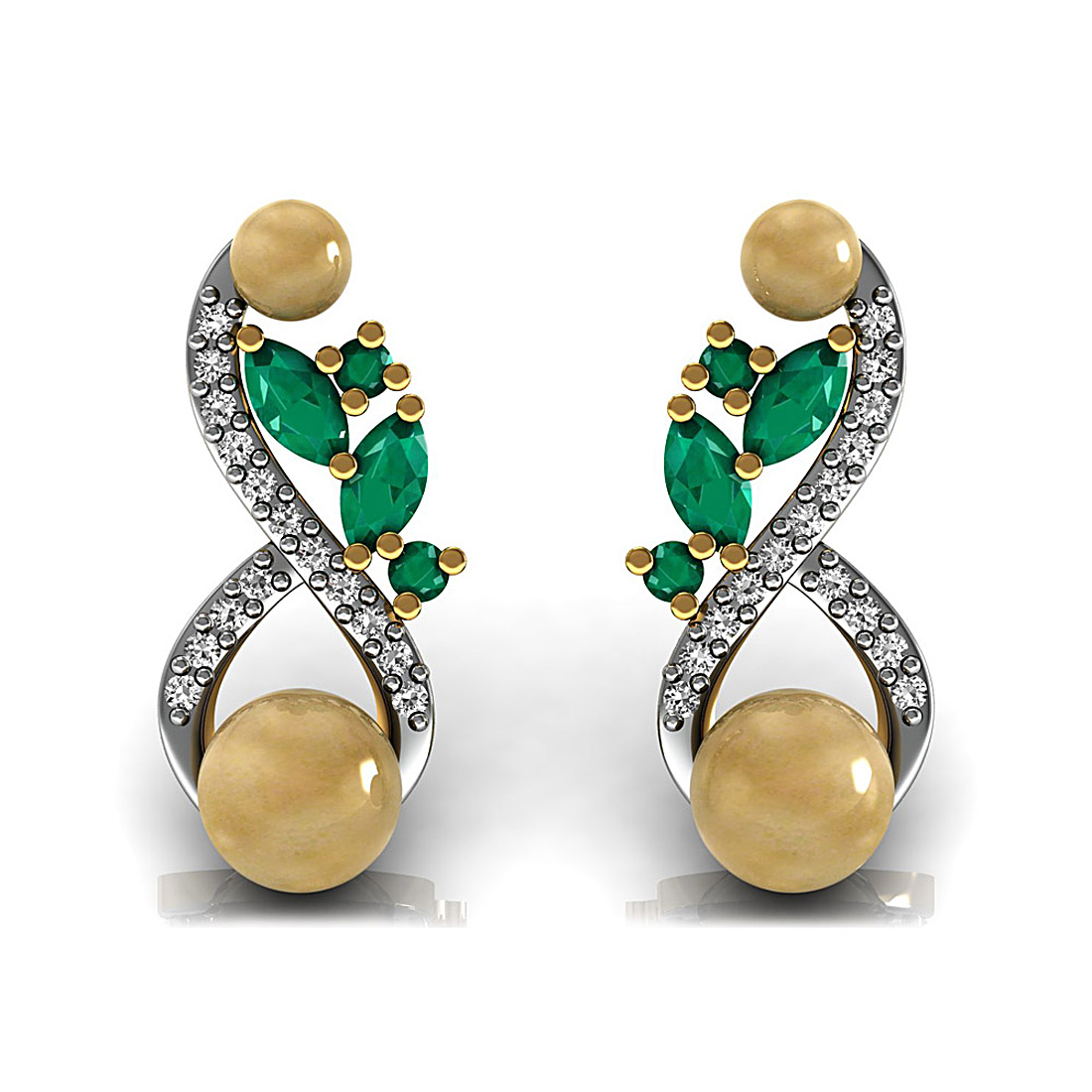Natural emerald and pearl gemstone stud earrings made in 18k solid yellow gold adorned with genuine diamond.