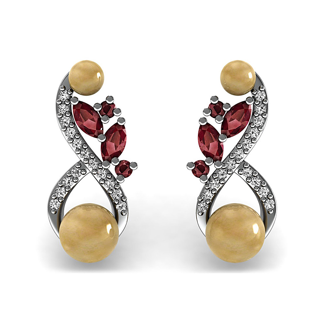 Natural ruby and pearl gemstone stud earrings made in 18k solid white gold adorned with genuine diamond.