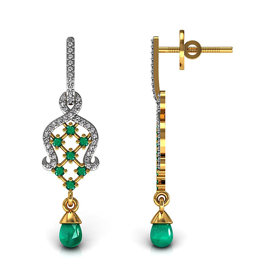 Natural emerald gemstone dangle drop earrings made in 18k solid yellow gold adorned with genuine diamond.