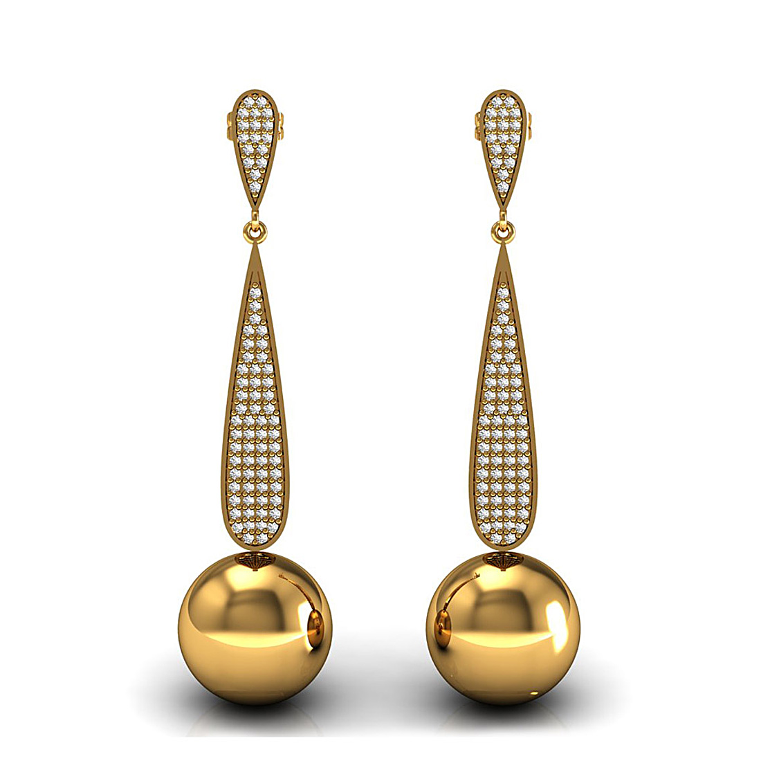 18K solid yellow gold designer dangle drop earrings studded with golden pearl fine jewelry.