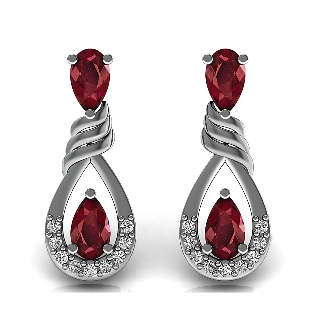 Natural ruby gemstone stud earrings made in 18k solid white gold adorned with genuine diamond.