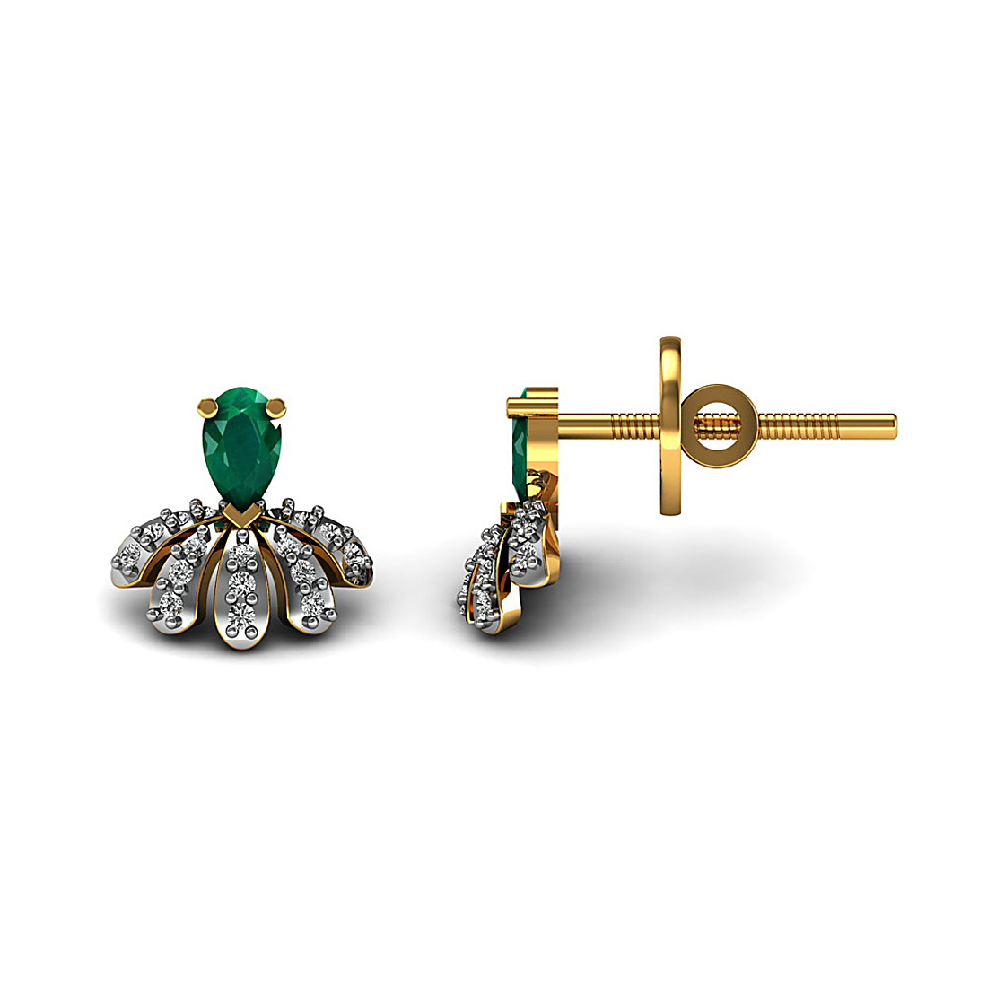 Real emerald gemstone fine stud earrings made in 18k solid yellow gold adorned with natural diamond.