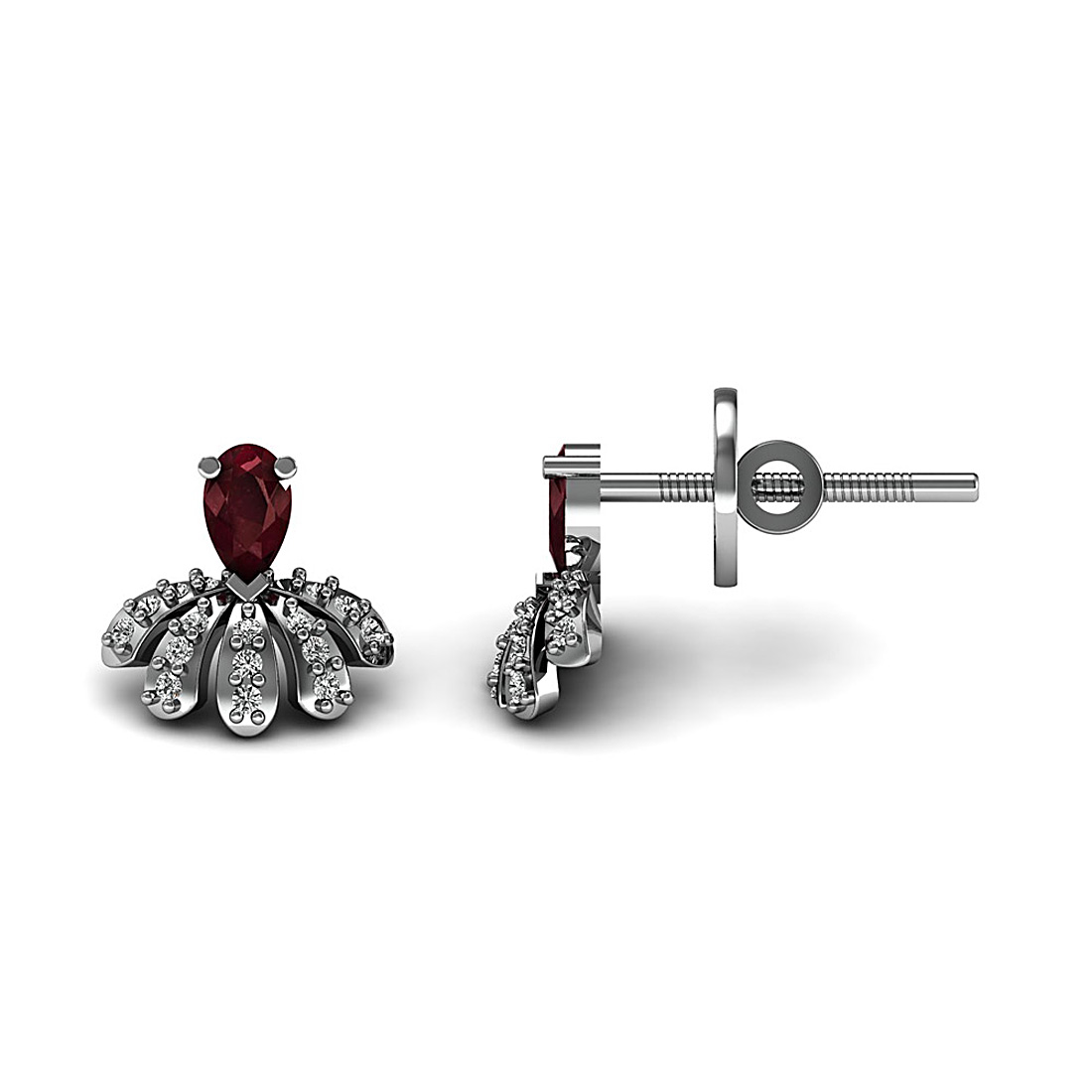 Real ruby gemstone stud earrings made in 18k solid white gold adorned with natural diamond.