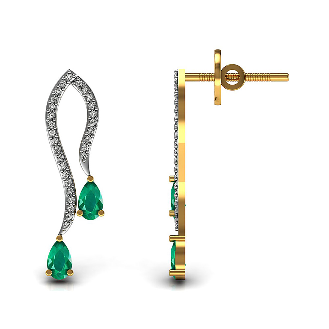 Natural emerald gemstone designer stud earrings made in 18k solid yellow gold adorned with real diamond.