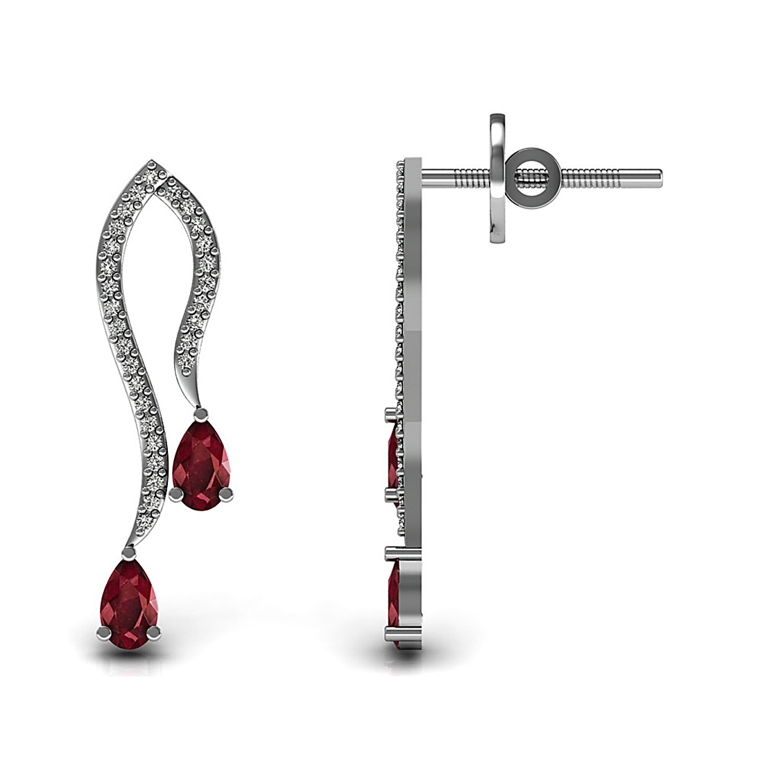Natural ruby gemstone designer stud earrings made in 18k solid white gold adorned with real diamond.