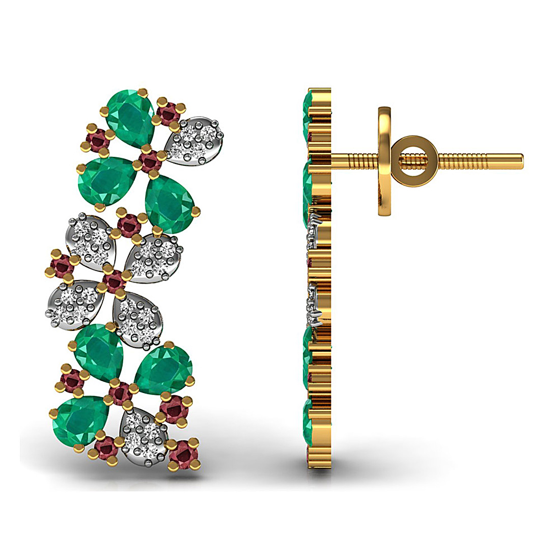 Natural emerald and ruby gemstone long stud earrings made in 18k solid yellow gold.