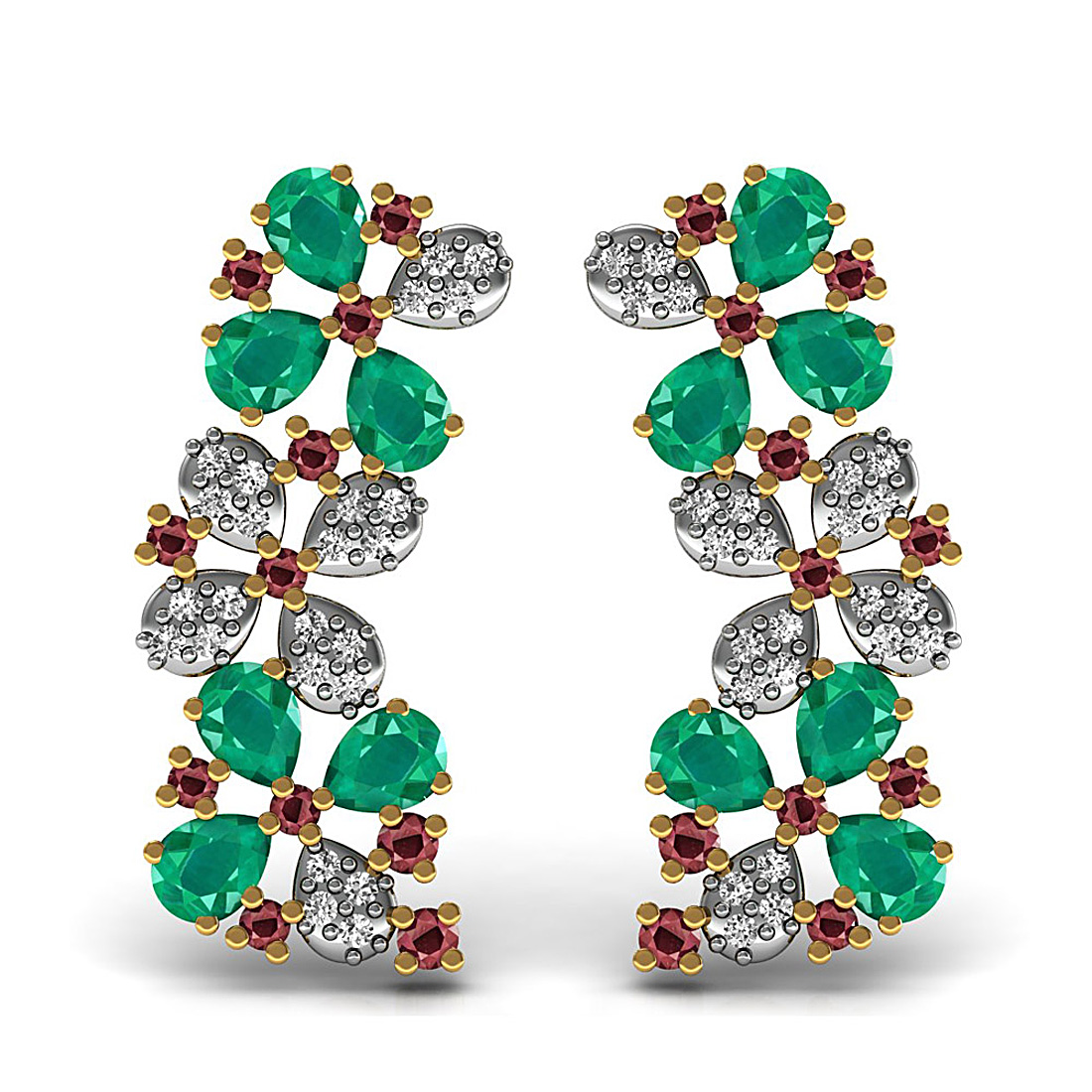 Natural emerald and ruby gemstone long stud earrings made in 18k solid yellow gold.