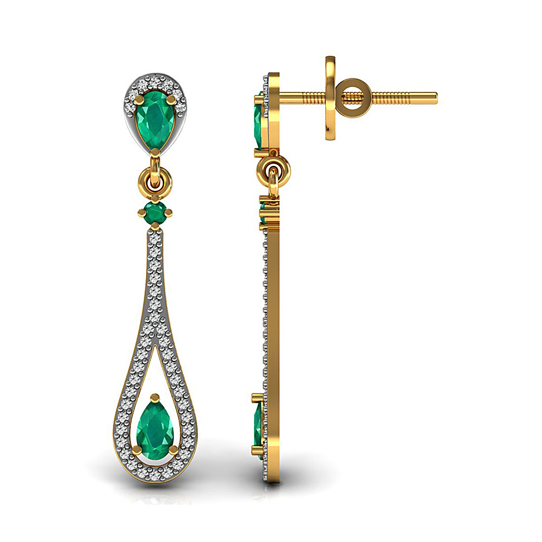 18K Solid yellow gold drop style dangle earrings studded with natural emerald gemstone and genuine diamond.