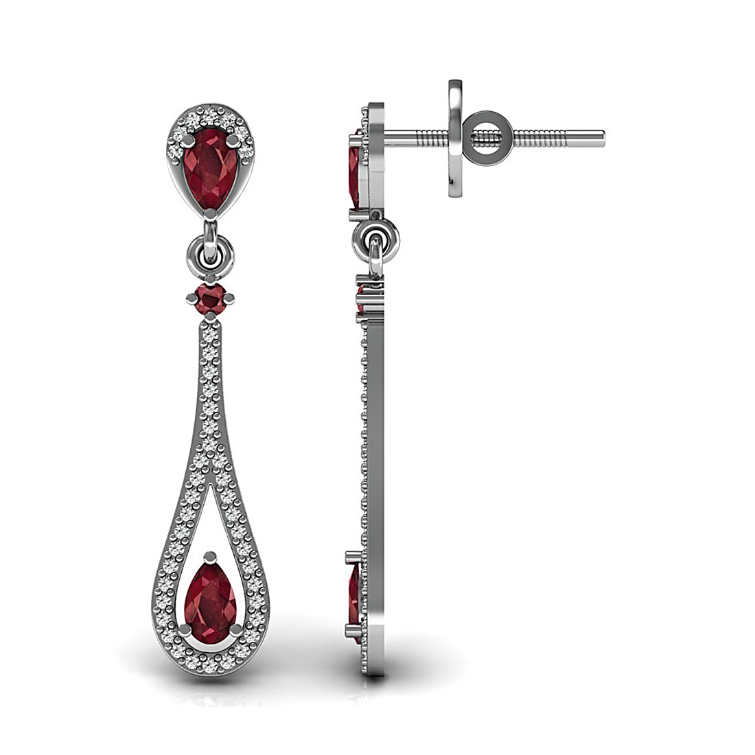 18K Solid white gold drop style dangle earrings studded with natural ruby gemstone and genuine diamond.