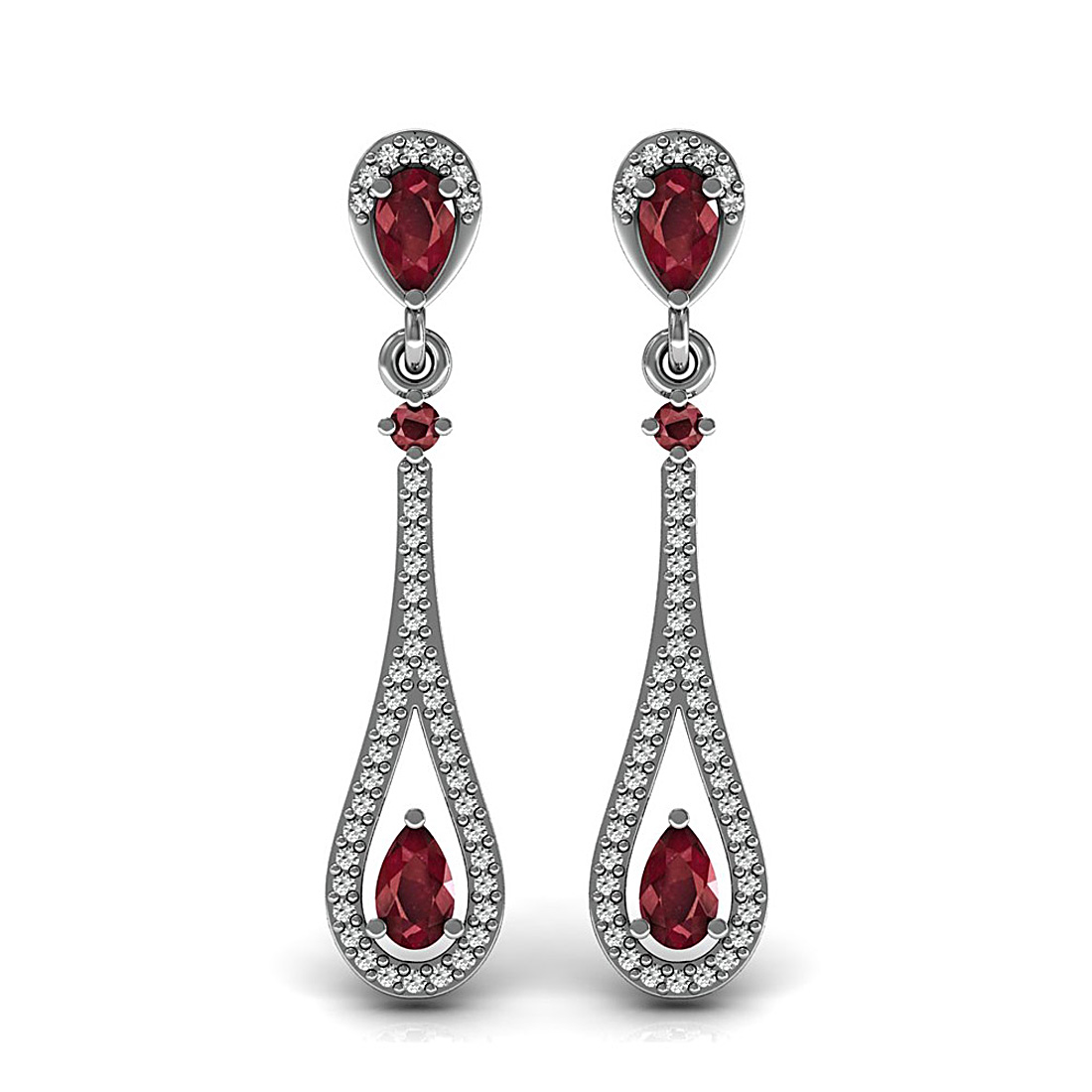 18K Solid white gold drop style dangle earrings studded with natural ruby gemstone and genuine diamond.
