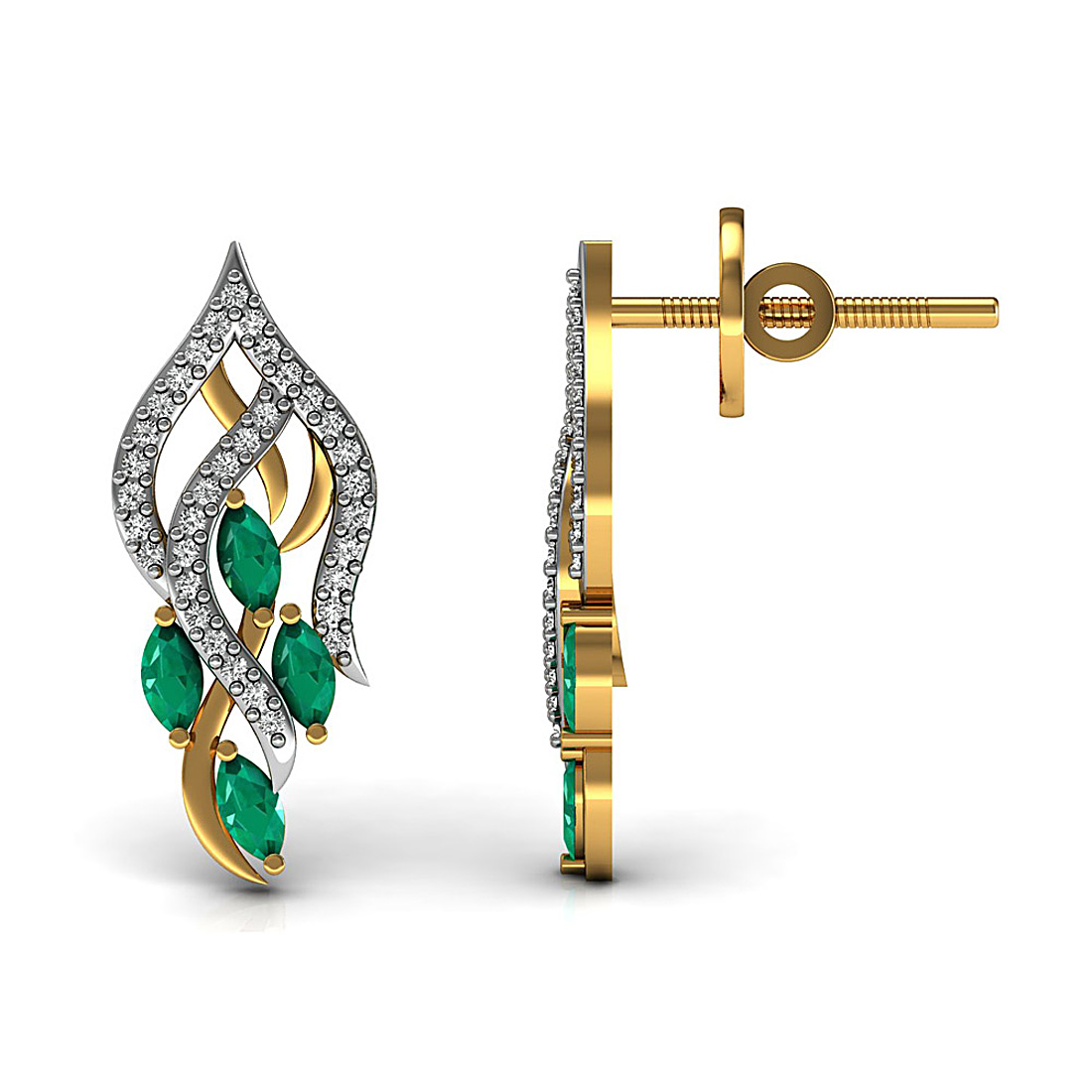 18K Solid yellow gold flower stud earrings studded with natural emerald and genuine diamond.