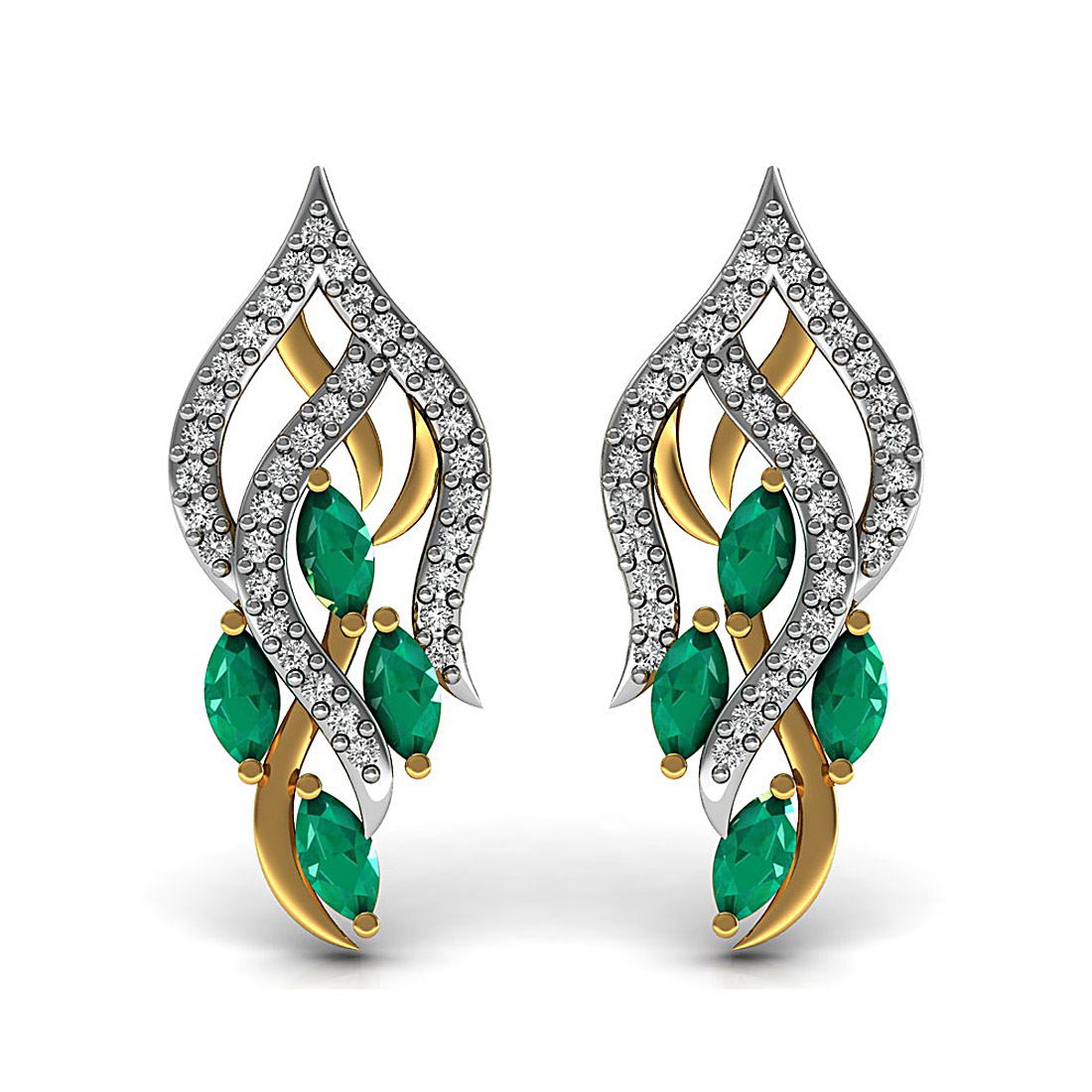 18K Solid yellow gold flower stud earrings studded with natural emerald and genuine diamond.
