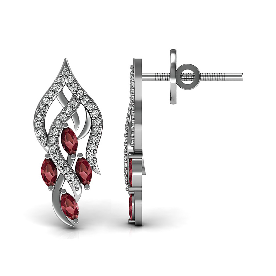 18K Solid white gold flower stud earrings studded with natural ruby and genuine diamond.