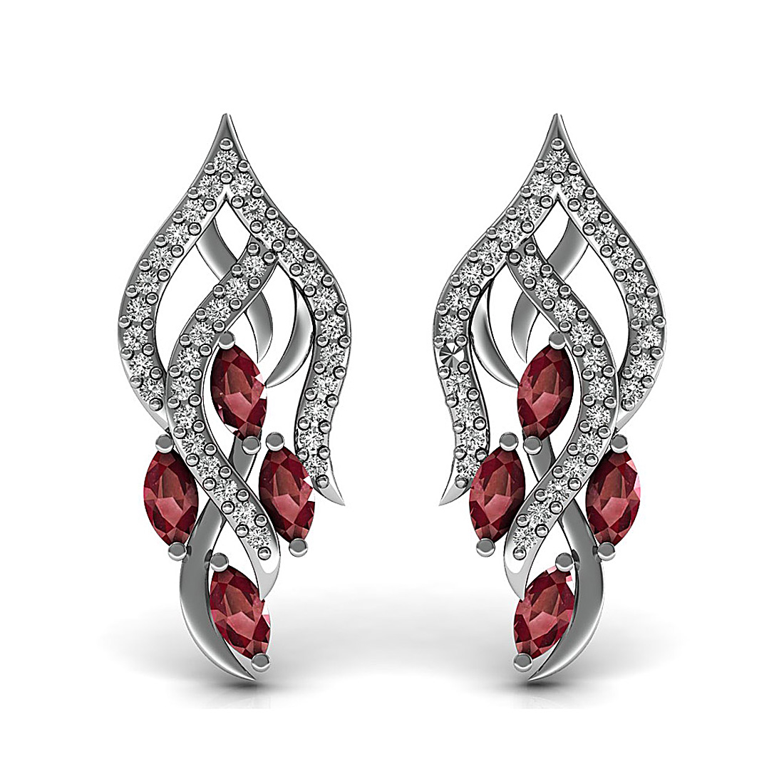 18K Solid white gold flower stud earrings studded with natural ruby and genuine diamond.