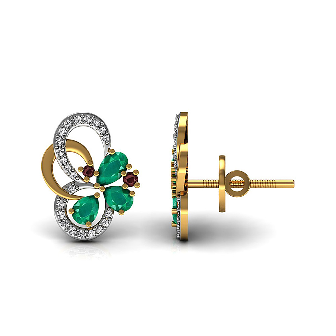 Stud earrings studded with natural emerald and ruby gemstone and made in 18k solid yellow gold.