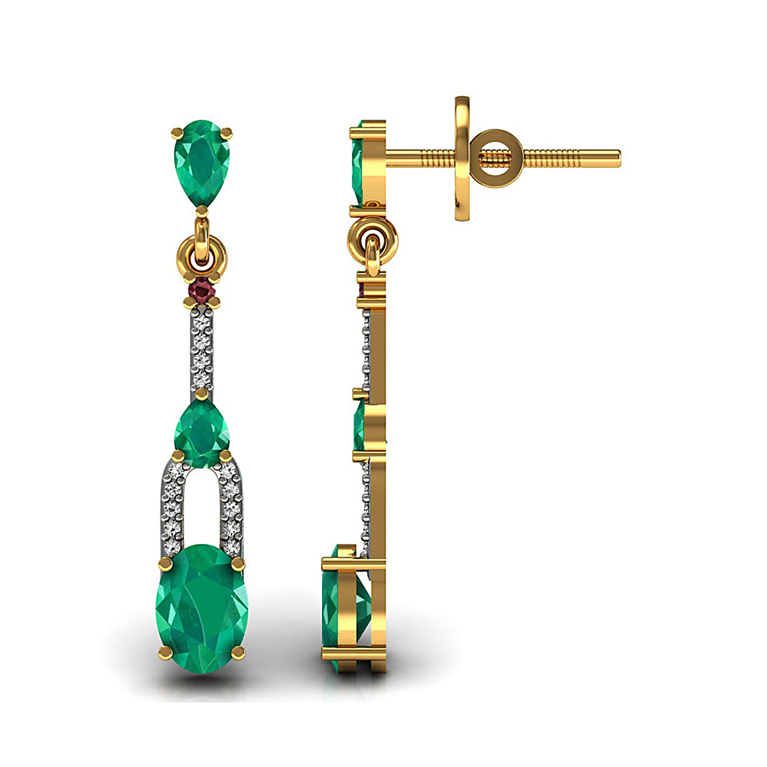 Dangle drop earrings made in 18k solid yellow gold studded with real diamond and natural emerald ruby gemstone.