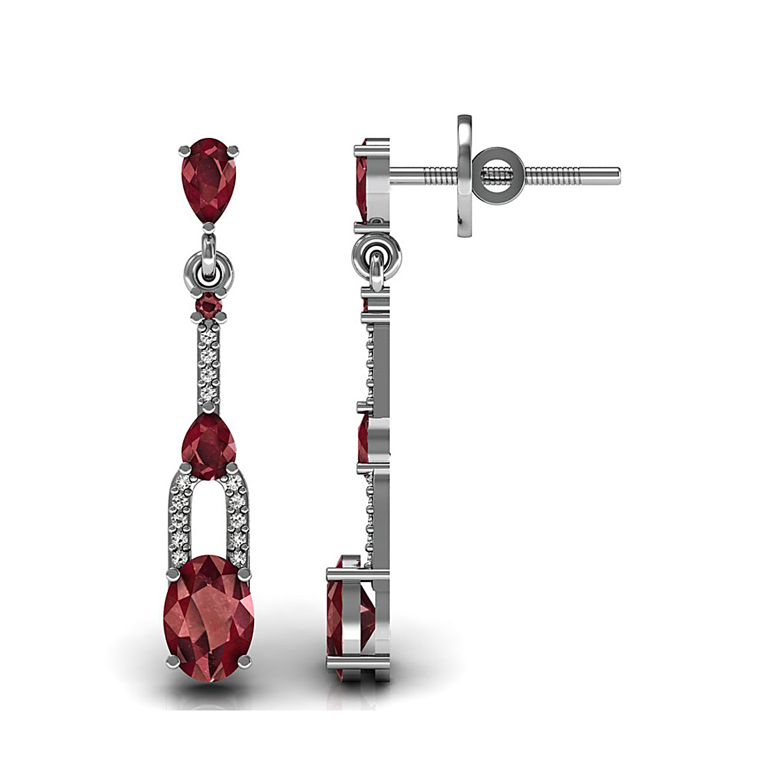 Dangle drop earrings made in 18k solid white gold studded with real diamond and natural ruby gemstone.