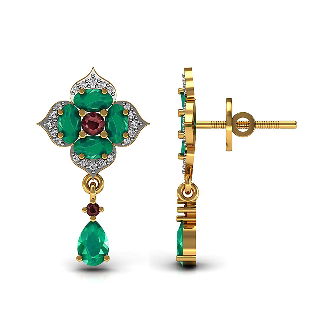 Diamond dangle drop earrings adorned with natural emerald and ruby gemstone made in 18k solid yellow gold.