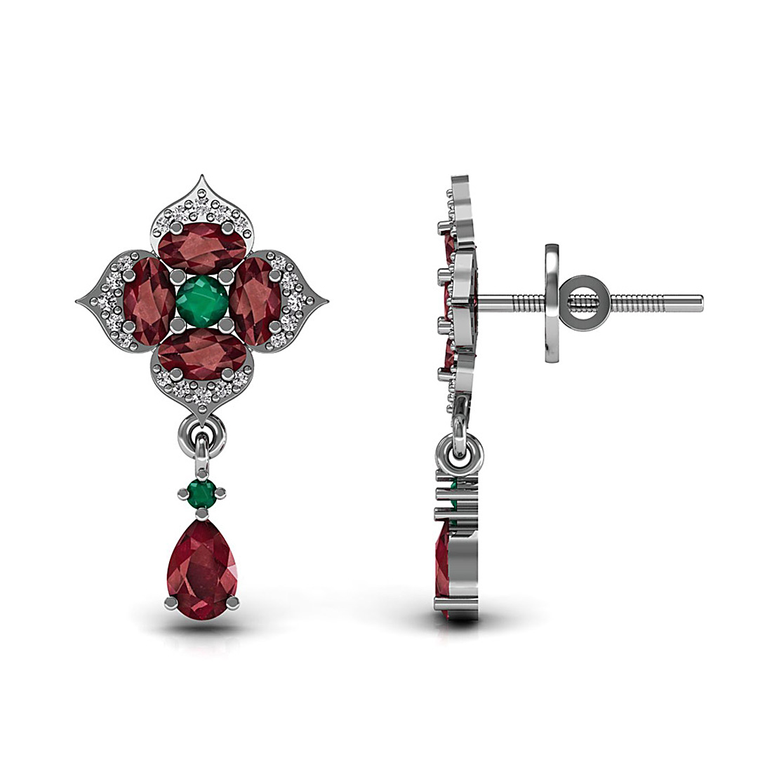 Diamond dangle drop earrings adorned with natural emerald and ruby gemstone made in 18k solid white gold.