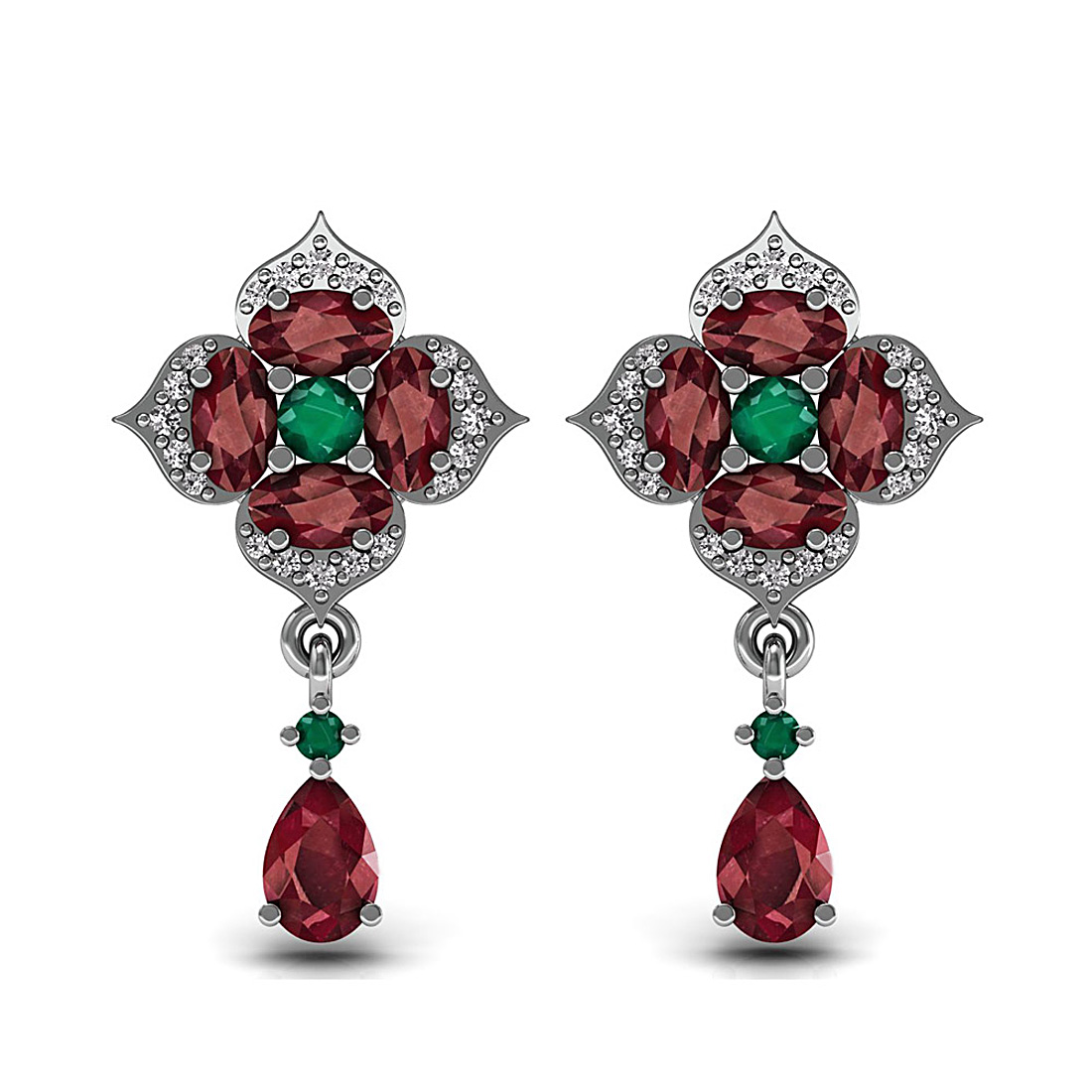 Diamond dangle drop earrings adorned with natural emerald and ruby gemstone made in 18k solid white gold.