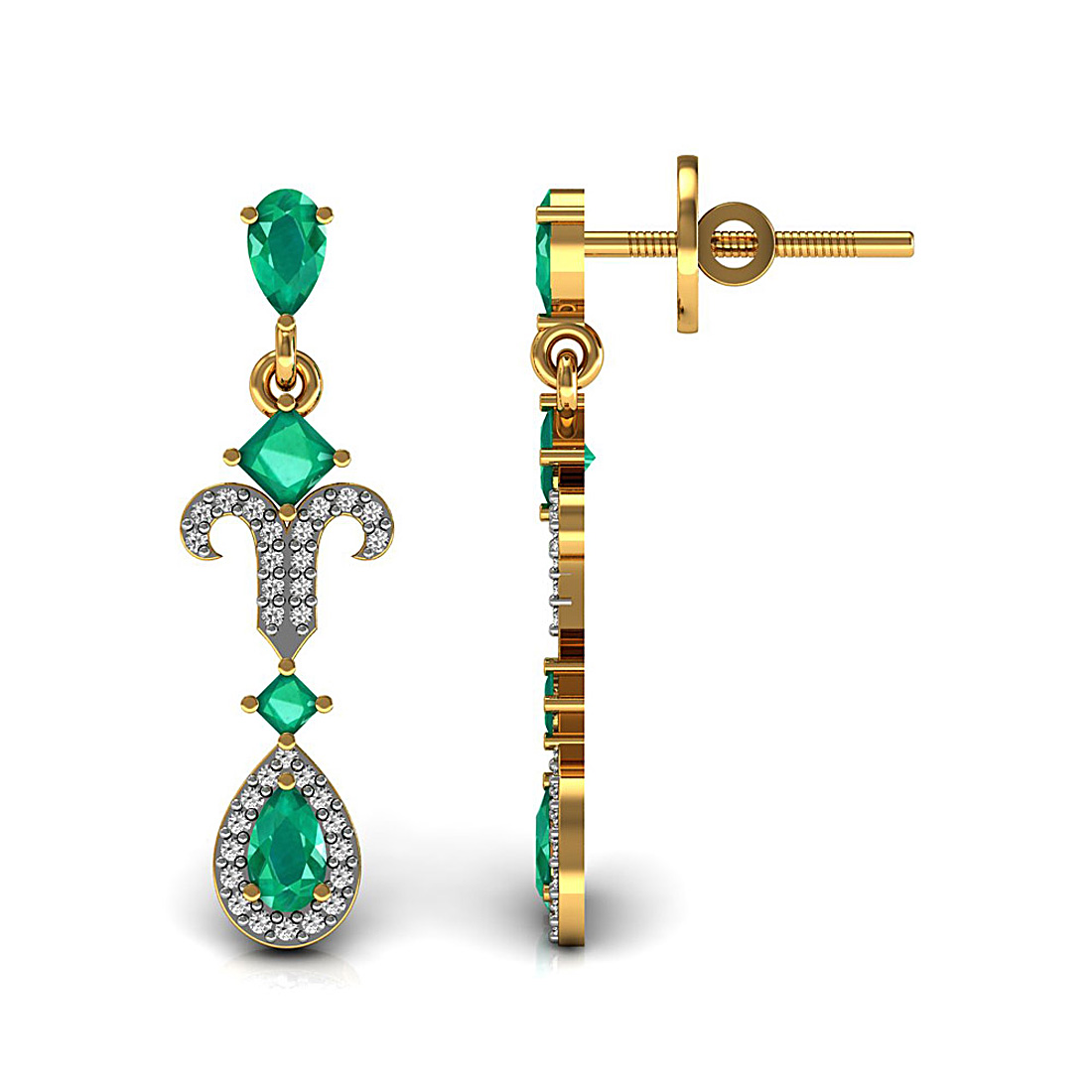 Dangle earrings made in 18k solid yellow gold and adorned with natural emerald and real diamond.