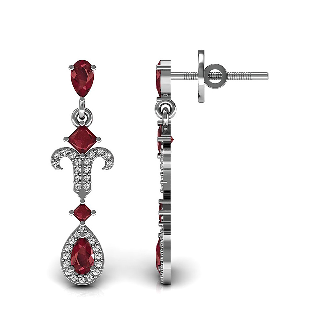 Dangle earrings made in 18k solid white gold and adorned with natural ruby and real diamond.
