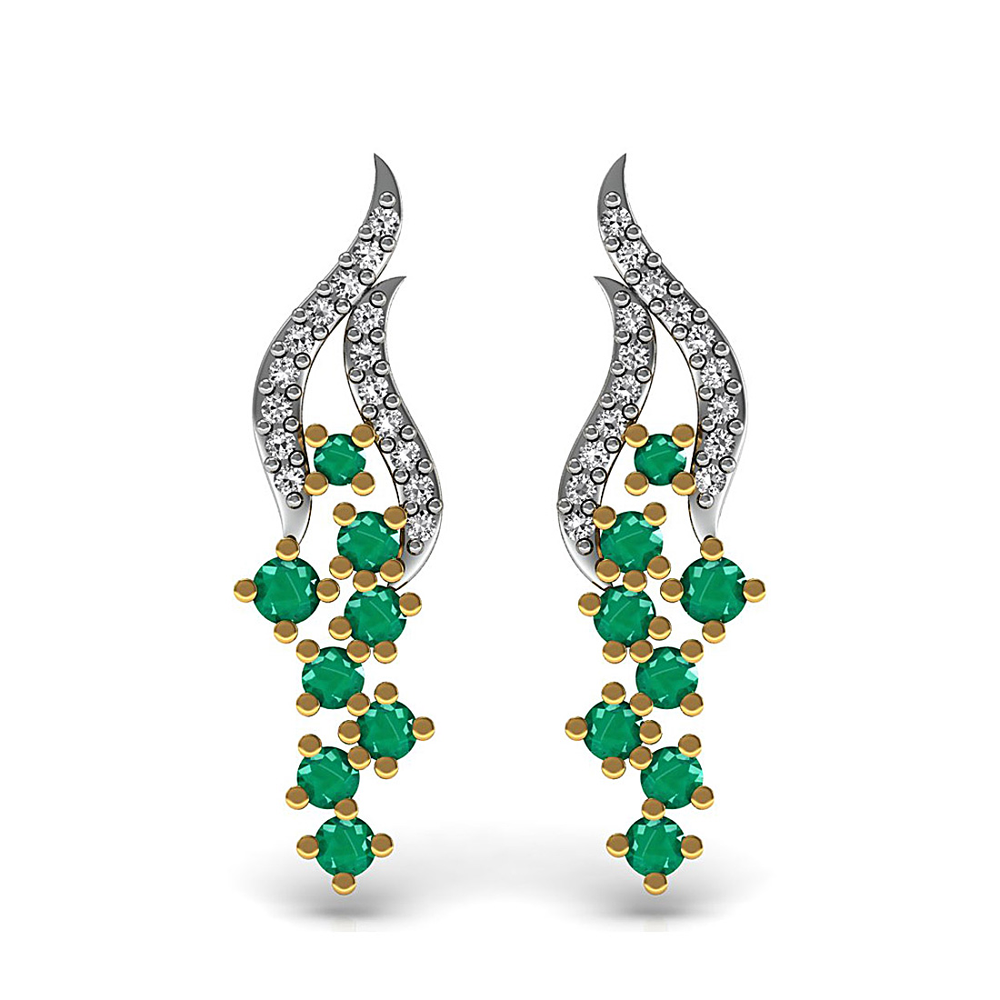 Emerald gemstone floral stud earrings made in 18K solid yellow gold adorned with genuine diamond.