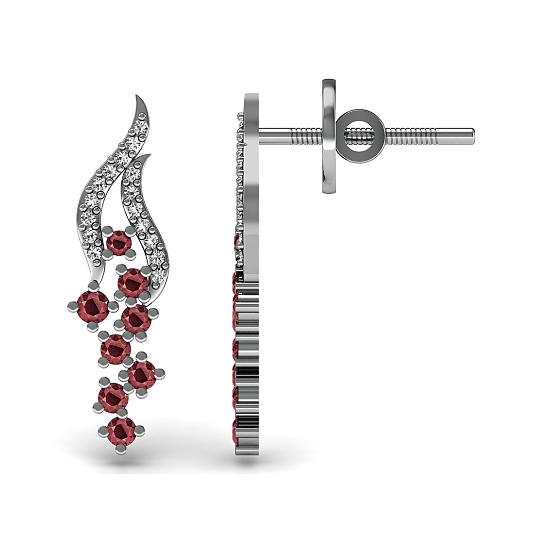 Ruby gemstone floral stud earrings made in 18K solid white gold adorned with genuine diamond.