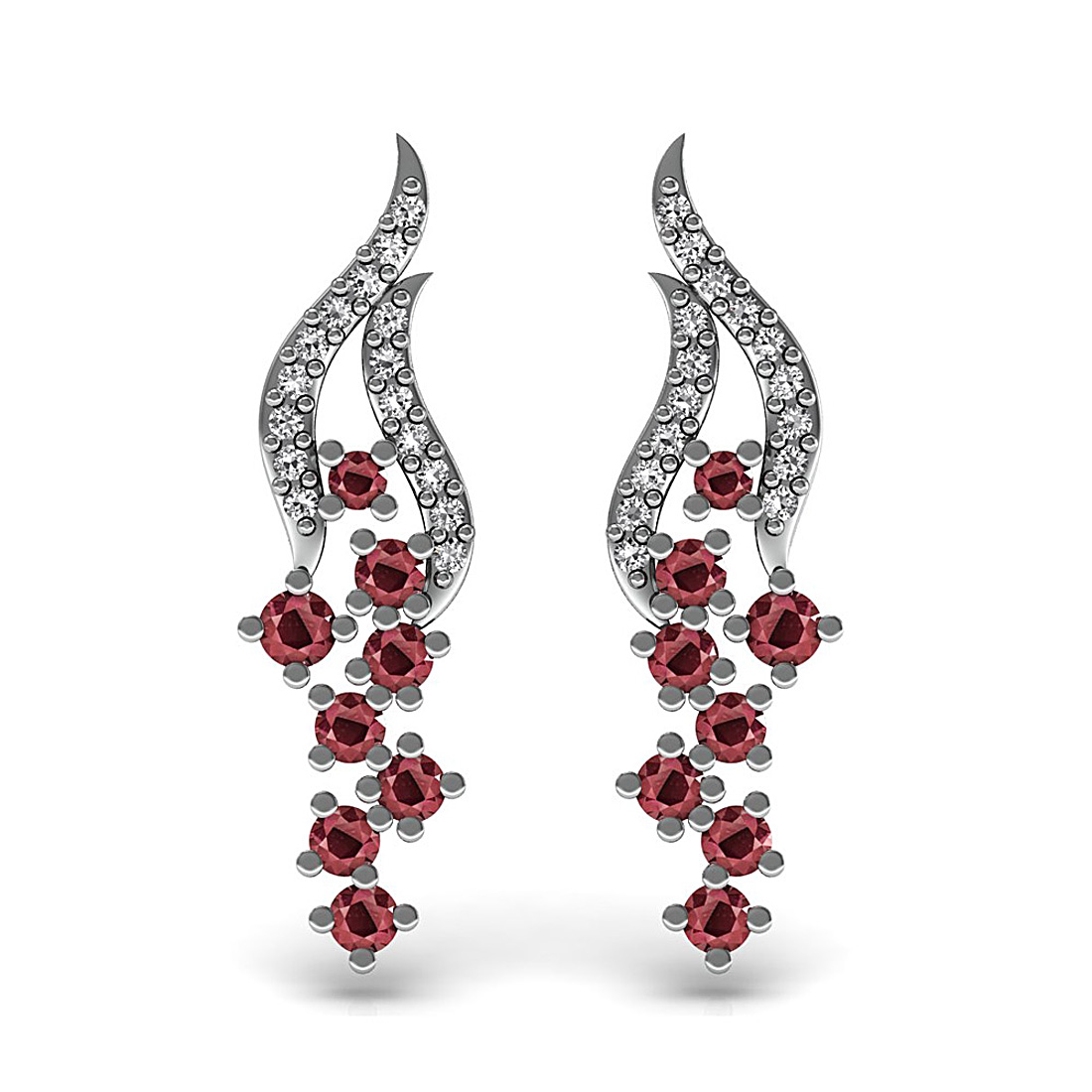 Ruby gemstone floral stud earrings made in 18K solid white gold adorned with genuine diamond.