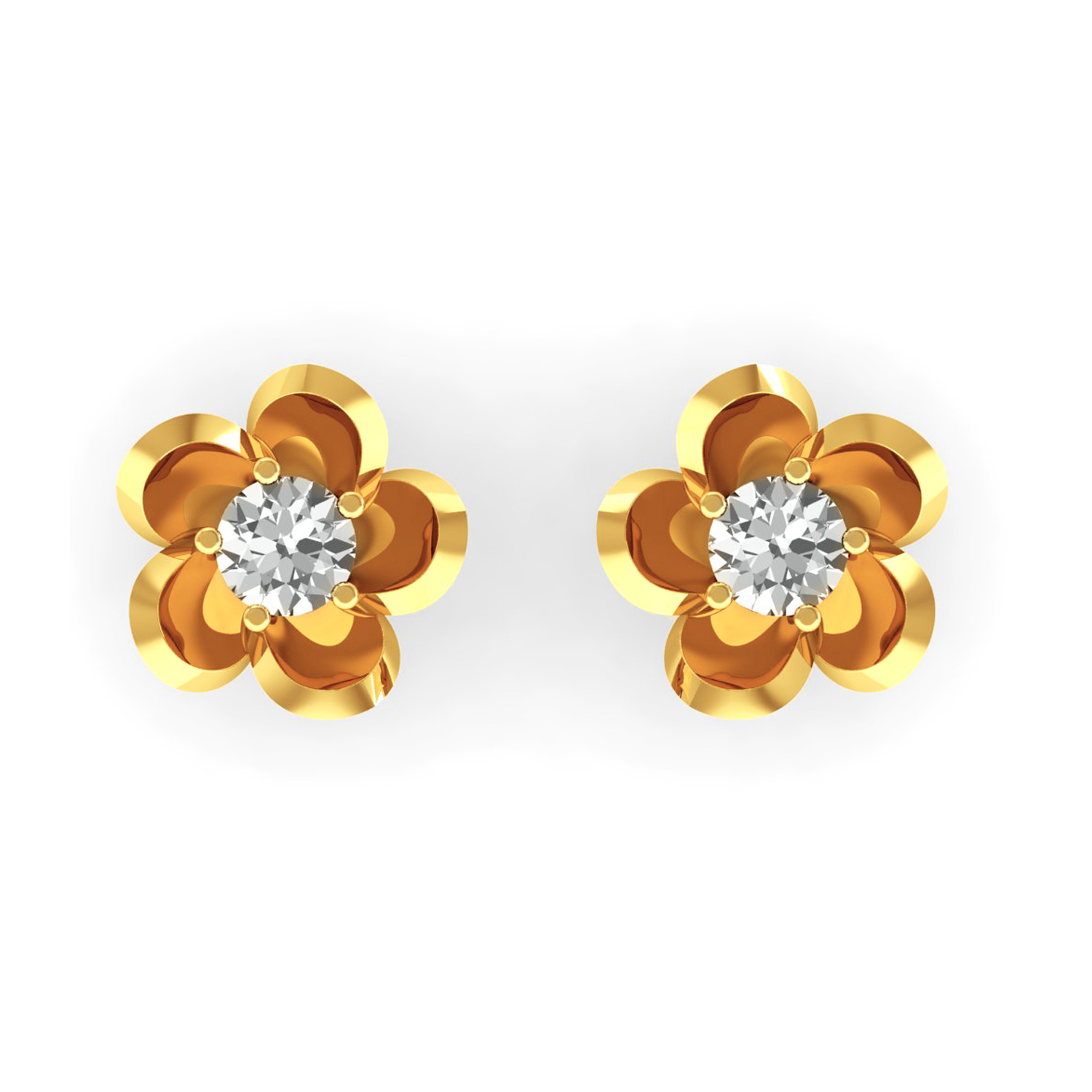 Solid Gold Floral Solitaire Stud Earrings Real Diamond Jewelry
