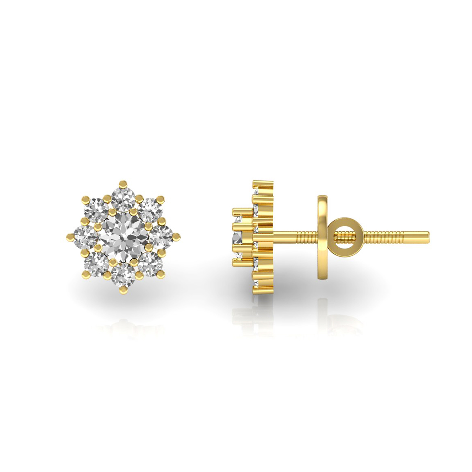 Floral Shape Solitaire Diamond Stud Earrings Solid Gold Jewelry