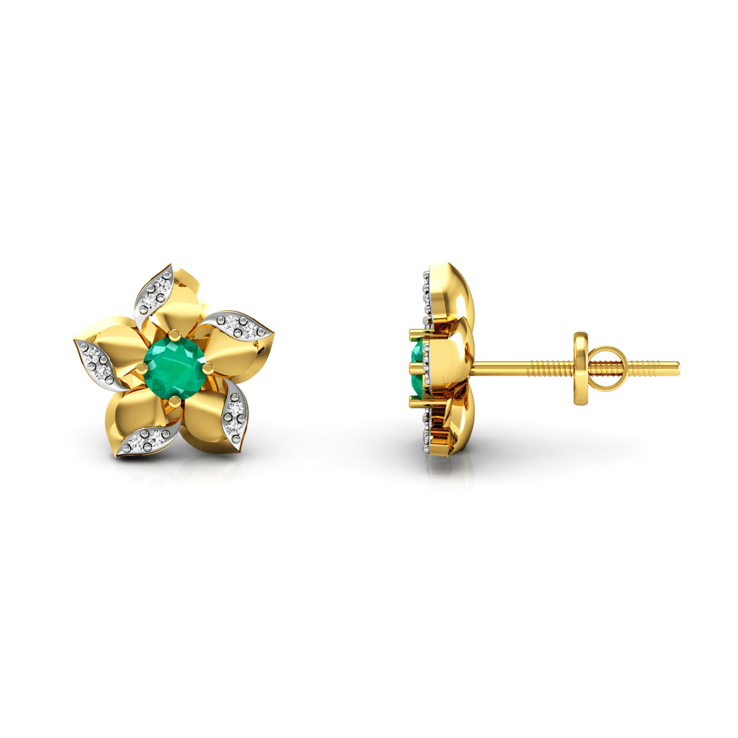 Solid Gold Emerald Diamond Floral Kids Stud Earrings