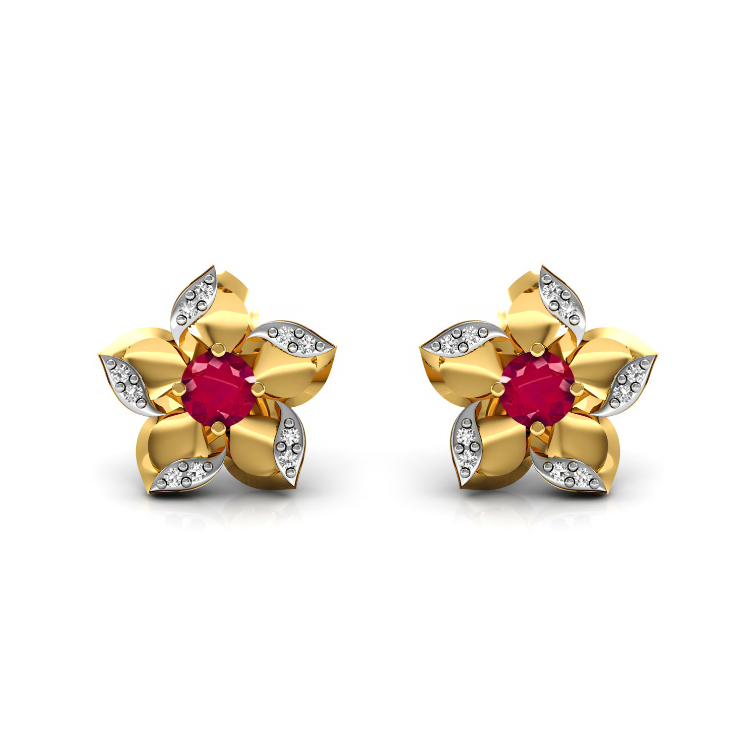 Solid Gold Ruby Diamond Floral Kids Stud Earrings