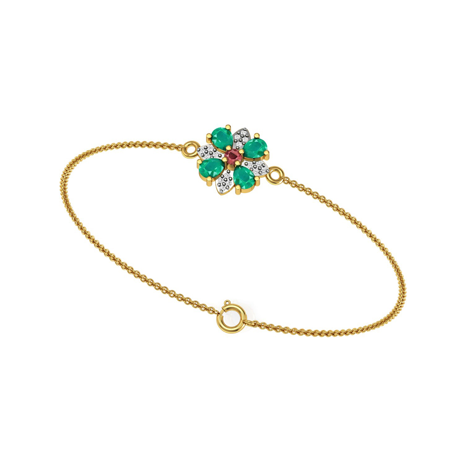 Ruby Emerald Solid Gold Diamond Floral Chain Bracelet