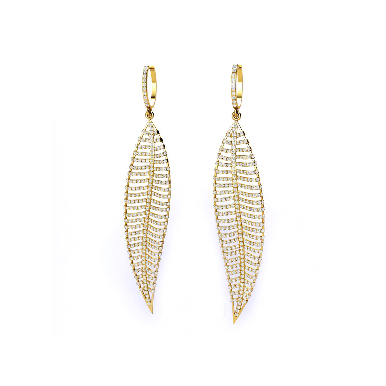 Solid Gold Natural Diamond Feather Dangle Earrings